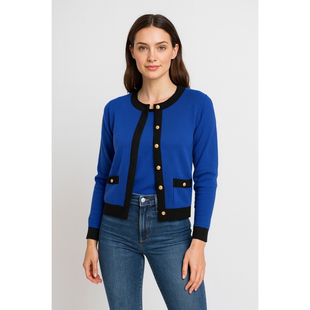 Vintage 90s‎ Blue Black Trim Gold Button Sweater Set Women's Medium Cardigan Top